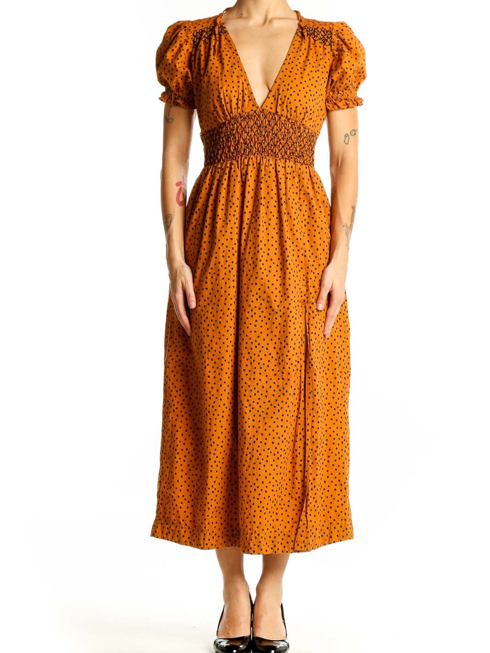 Urban Outfitters UO Liliana Side Slit Midi Dress Orange Polka Dot Size S